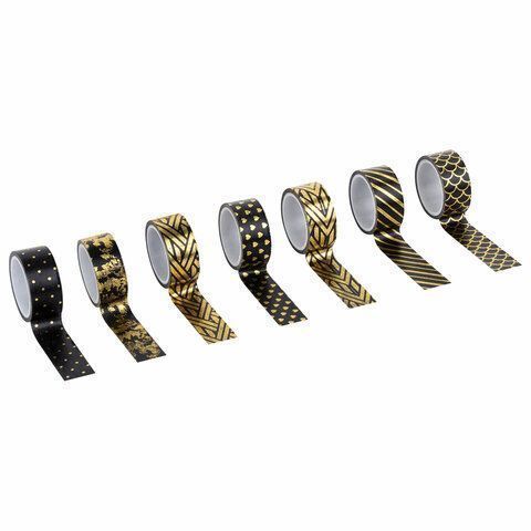 Клейкие WASHI-ленты д/декора с фольгой ЧЕРН ЗОЛОТО 15мм*3м 7шт рисов бумага ОСТРОВ СОКРОВИЩ