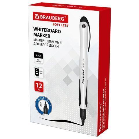 Маркер для доски черный 3мм стираемый SOFT LITE BRAUBERG 1/12