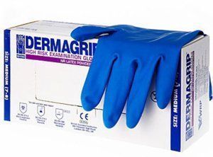 Перчатки смотровые нест сверхпрочные латекс синие Dermagrip powder free L (8-9) 33г High Risк 25/250 Перчатки смотровые нест сверхпрочные латекс синие Dermagrip powder free L (8-9) 33г High Risк 25/250