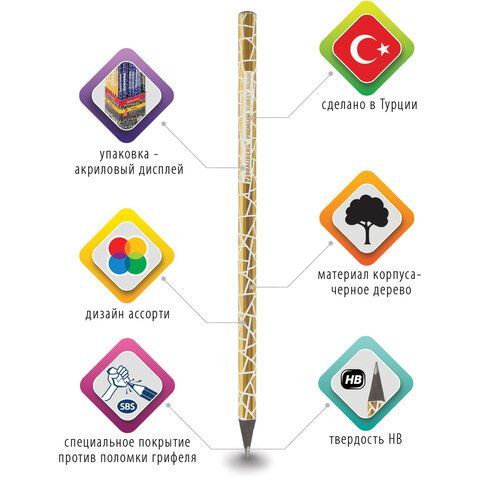 Карандаш ч/гр НВ ассорти дисплей BRAUBERG PREMIUM TURKEY Zig Zag Mosaic 181569