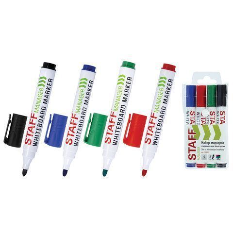 Маркер для доски НАБОР 4шт с клипом 3мм STAFF MANAGER 1/30