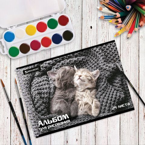 Альбом для рисования А4 24л гребень обложка картон BRAUBERG Питомцы 1/10/40