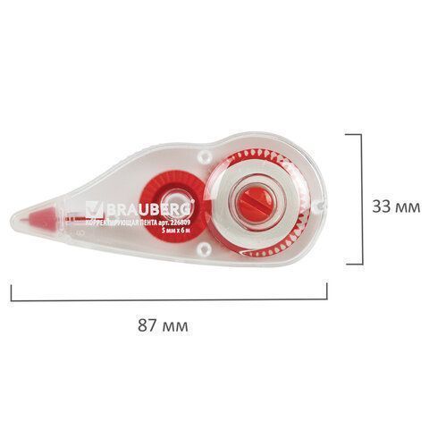 Корректирующая лента BRAUBERG 5мм х 6м, корпус красный, механизм перемотки, блистер, 226809 1/24